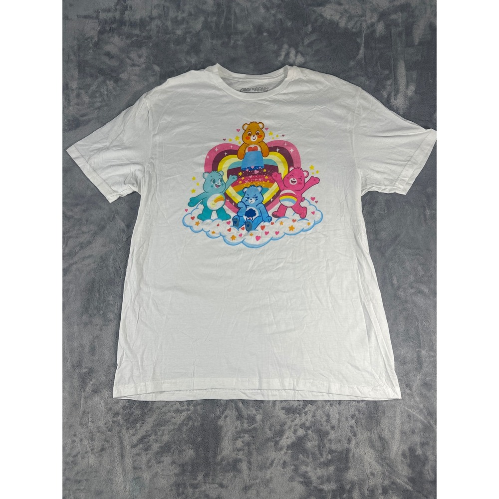 Care Bears Graphic T-Shirt White Large Cotton Rainbow Heart Threadless Licensed